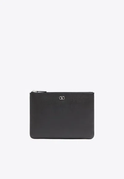 Valentino Garavani Vlogo Grained Leather Zip Pouch In Black