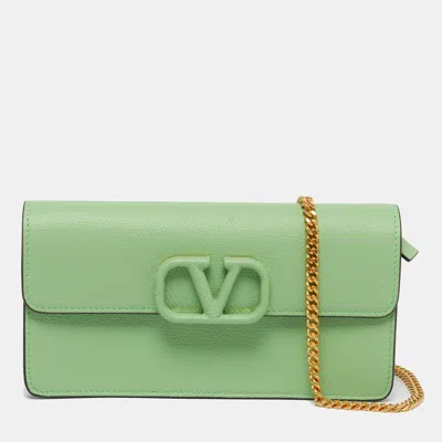 Pre-owned Valentino Garavani Vlogo Green Leather Wallet On Chain