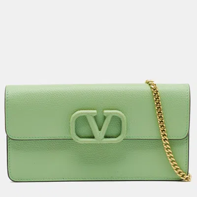Pre-owned Valentino Garavani Vlogo Green Leather Wallet On Chain