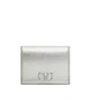 Valentino Vlogo Signature Metallic Grainy Calfskin Compact Wallet In Gray