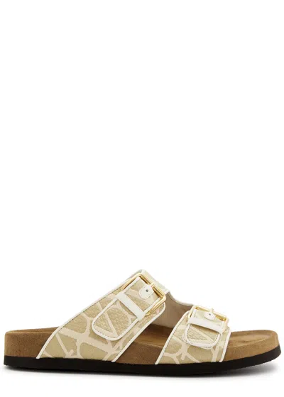 Valentino Garavani Vlogo Jacquard Canvas Sliders In Beige