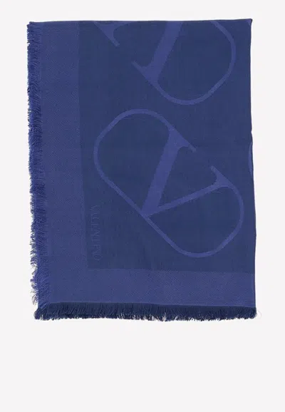 Valentino Vlogo Jacquard Frayed Edge Scarf In Blue