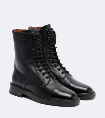 Valentino Garavani Vlogo Lace-up Leather Combat Boots In Black
