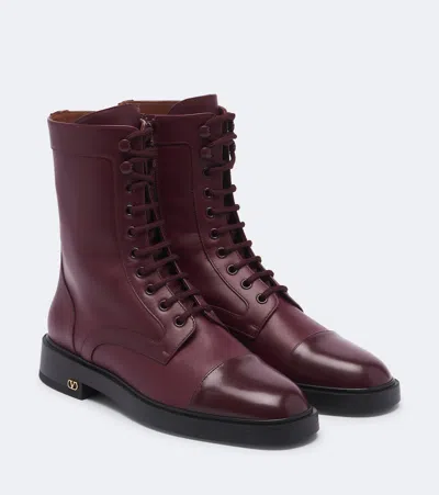 Valentino Garavani Vlogo Lace-up Leather Combat Boots In Burgundy