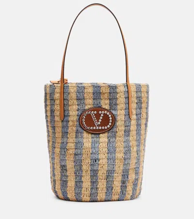 Valentino Garavani Vlogo Large Leather-trimmed Striped Raffia Tote Bag In Sand