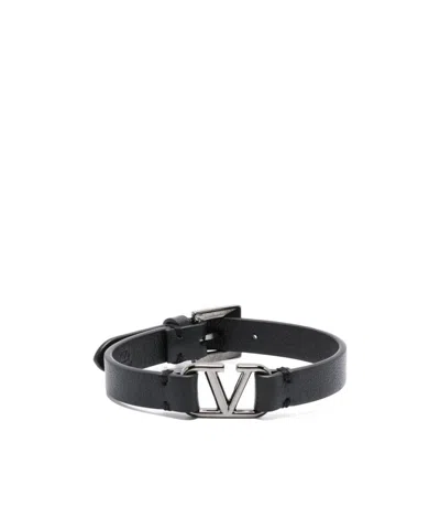 Valentino Garavani Vlogo Leather Bracelet In Black