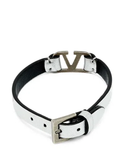 Pre-owned Valentino Garavani Vlogo Leather Bracelet In Silver