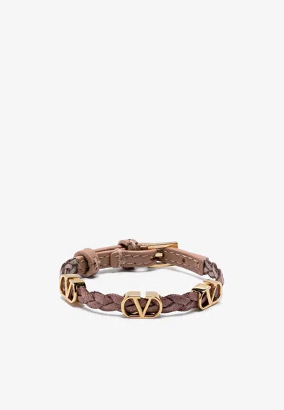 Valentino Garavani Vlogo Leather Braided Bracelet In Beige