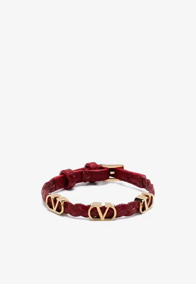 Valentino Garavani Vlogo Leather Braided Bracelet In Red