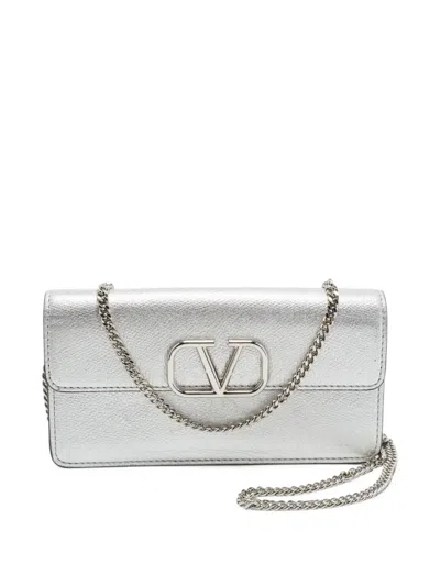 Pre-owned Valentino Garavani Vlogo Leather Chain Wallet In Silver
