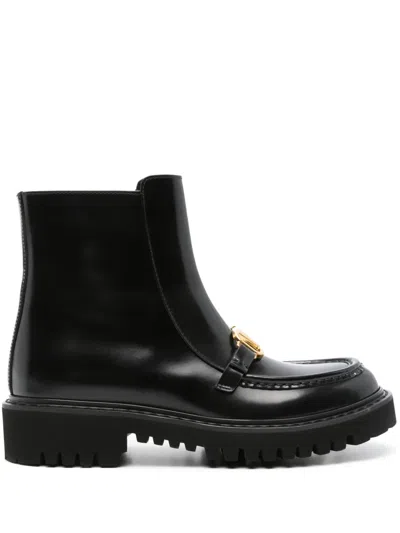 Valentino Garavani Vlogo Leather Flat Boots In Black