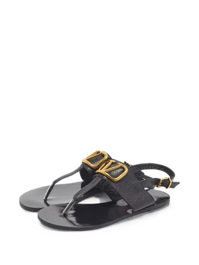 Pre-owned Valentino Garavani Vlogo Leather Flat Sandals In Black