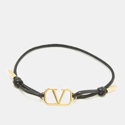 Pre-owned Valentino Garavani Vlogo Leather Gold Tone Bracelet