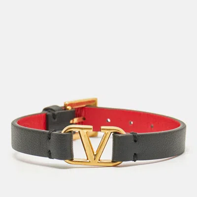 Pre-owned Valentino Garavani Vlogo Leather Gold Tone Bracelet In Black