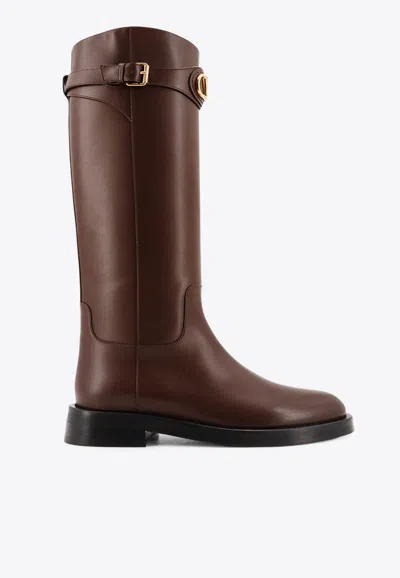Valentino Garavani Vlogo Leather Knee-high Boots In Brown