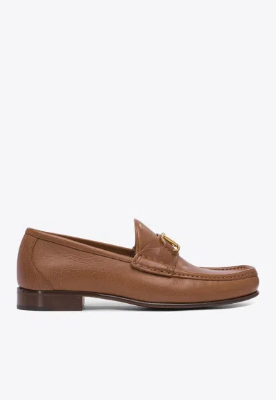 Valentino Garavani V-logo Embellished Full-grain Nubuck Loafers In Brown