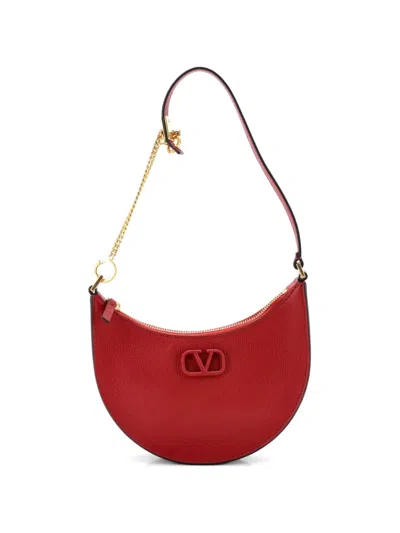 Pre-owned Valentino Garavani Vlogo Leather Mini Hobo Bag In Red