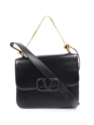 Pre-owned Valentino Garavani V-logo Leather Shoulder Bag In Black