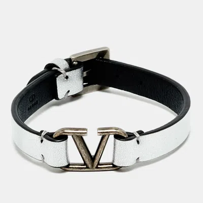Pre-owned Valentino Garavani Vlogo Leather Silver Tone Bracelet