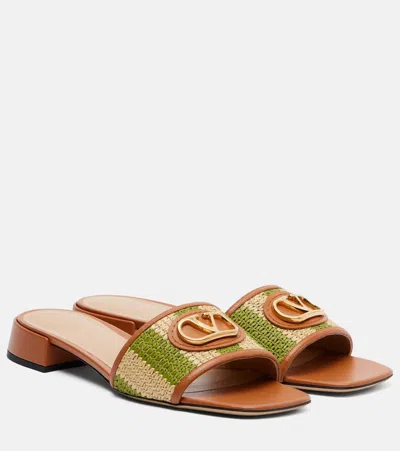 Valentino Garavani Vlogo Leather-trimmed Raffia Slides In Green