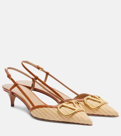 Valentino Garavani Vlogo Leather-trimmed Raffia Slingback Pumps In Gold