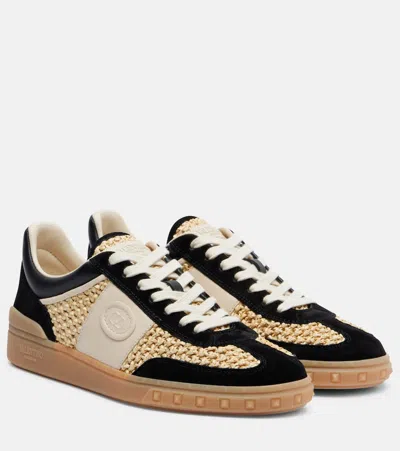 Valentino Garavani Vlogo Leather-trimmed Raffia Sneakers In Black