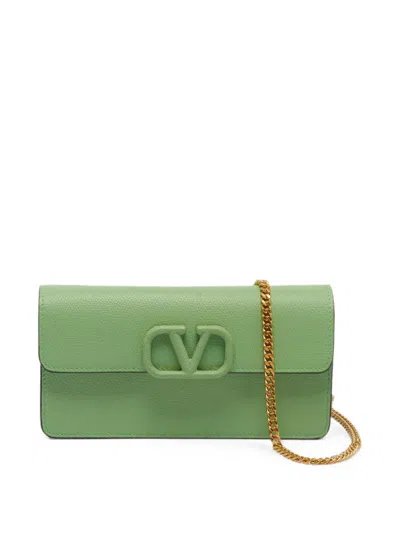 Pre-owned Valentino Garavani Vlogo Leather Wallet On Chain In Green
