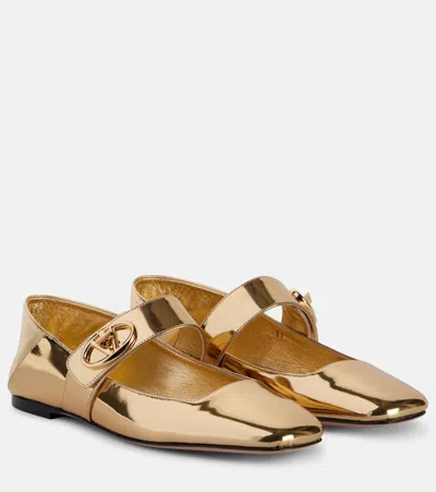 Valentino Garavani Vlogo Locker Mirrored Leather Mary Jane Flats In Gold