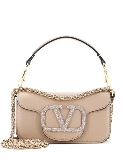 Pre-owned Valentino Garavani Vlogo Loco Flap Leather With Crystals Small Shoulder Bag In Pink