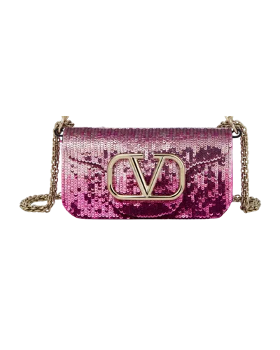 Pre-owned Valentino Garavani Vlogo Loco Flap Shoulder Bag Embellished Embroide Leather Satin Clutche & Pouche Bag () In Pink