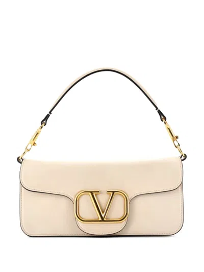Pre-owned Valentino Garavani Vlogo Loco Flap Shoulder Bag Leather Medium Clutch Bag In Neutral