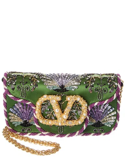 Valentino Garavani Valentino Vlogo Loco Small Satin & Leather Wallet On Chain In Green