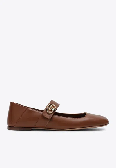 Valentino Garavani Vlogo Leather Mary Jane Ballerina Flats In Brown