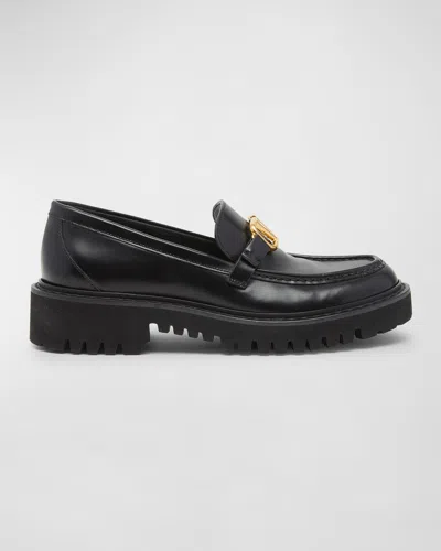 Valentino Vlogo Medallion Leather Loafers In 0no Nero