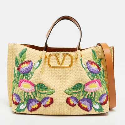 Pre-owned Valentino Garavani Vlogo Medium Multicolor Embroidered Raffia Shopper Tote
