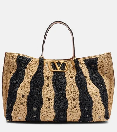 Valentino Garavani Vlogo Signature Medium Embellished Leather-trimmed Striped Crocheted Raffia Tote In Black