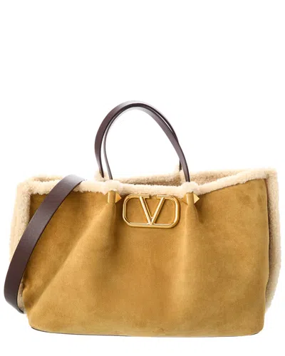 Valentino Garavani Medium Suede Shopping Bag With Sheepskin Lining Woman Havana B In Brown