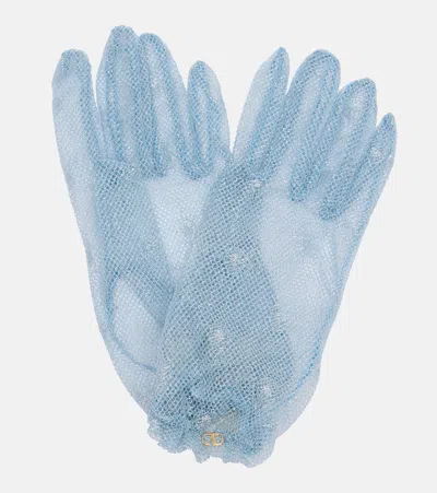 Valentino Garavani Vlogo Mesh Gloves In Blue