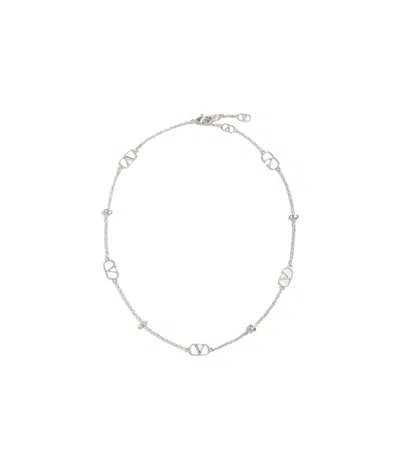 Valentino Garavani Vlogo Metal Crystal Necklace In White