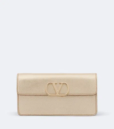 Valentino Garavani Vlogo Metallic Leather Wallet On Chain In Gold