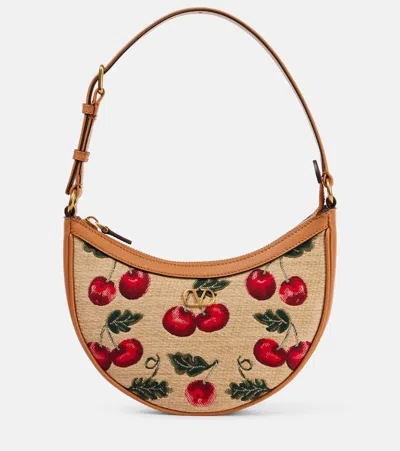 Valentino Garavani Vlogo Mini Leather-trimmed Raffia Shoulder Bag In Neutrals