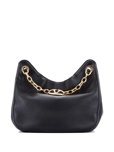 Pre-owned Valentino Garavani Vlogo Moon Leather Medium Tote Bag In Black