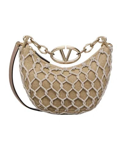 Valentino Garavani Vlogo Moon Mini Hobo Bag In Linen And Rhinestone Mesh With Chain In Brown