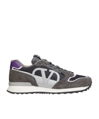 Valentino Garavani Vlogo Pace Low-top Trainer In Split Leather Fabric And Calfskin In Grey