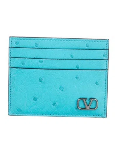 Pre-owned Valentino Garavani Vlogo Ostrich Card Holder In Blue