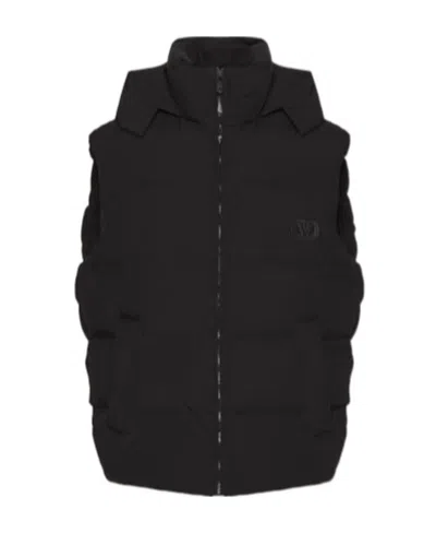 Valentino Matt Nylon Hooded Waistcoat With Vlogo Signature Patch In Black