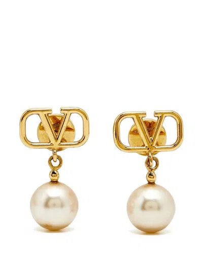 Pre-owned Valentino Garavani Vlogo Pearl Drop Earrings In Gold