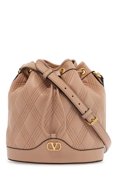 Valentino Garavani Quilted Pink Leather Bucket Crossbody Bag With Golden Details