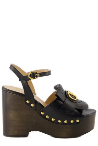 Valentino Garavani Vlogo Signature Calfskin Clog Sandal With Fringes 120mm In Black