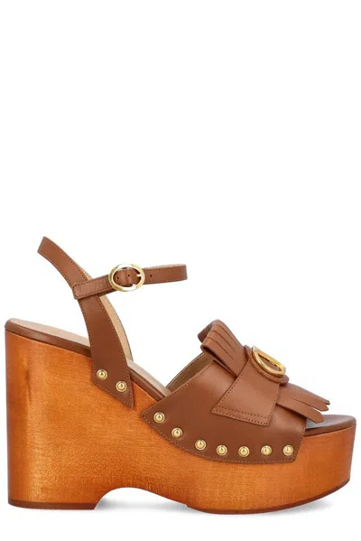 Valentino Garavani Vlogo Signature Calfskin Clog Sandal With Fringes 120mm In Brown